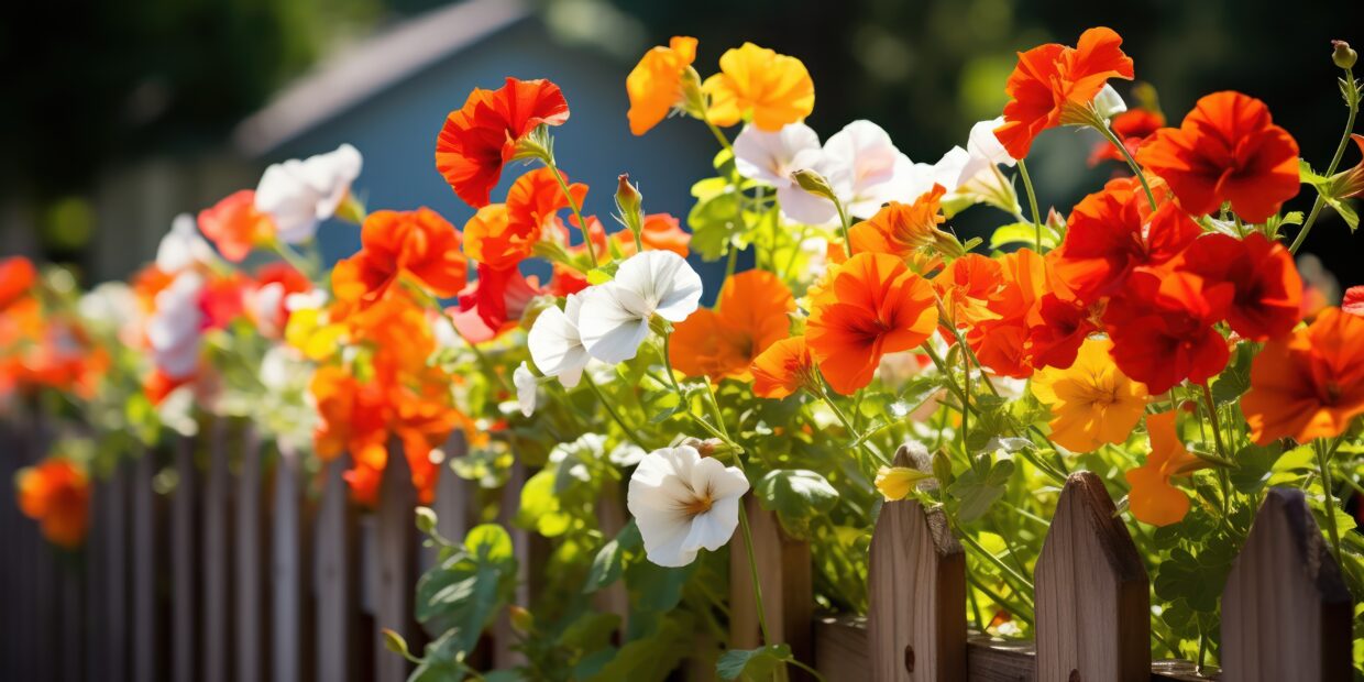 Vibrant nasturtiums spill over a white picket fence, a riot of c